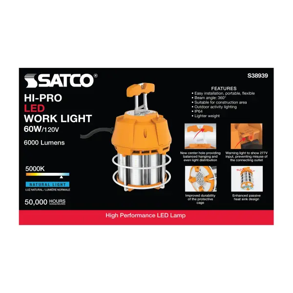 60 Watt LED Hi-Lumen temporary Hi-Bay Caged lamp - 5000K - Integrated Cord / Plug & Hook - 120 Volt - Image 6