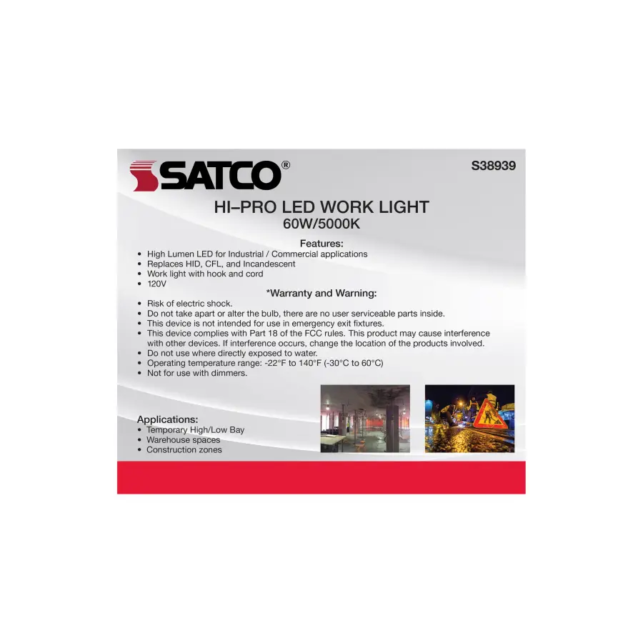 60 Watt LED Hi-Lumen temporary Hi-Bay Caged lamp - 5000K - Integrated Cord / Plug & Hook - 120 Volt - Image 7