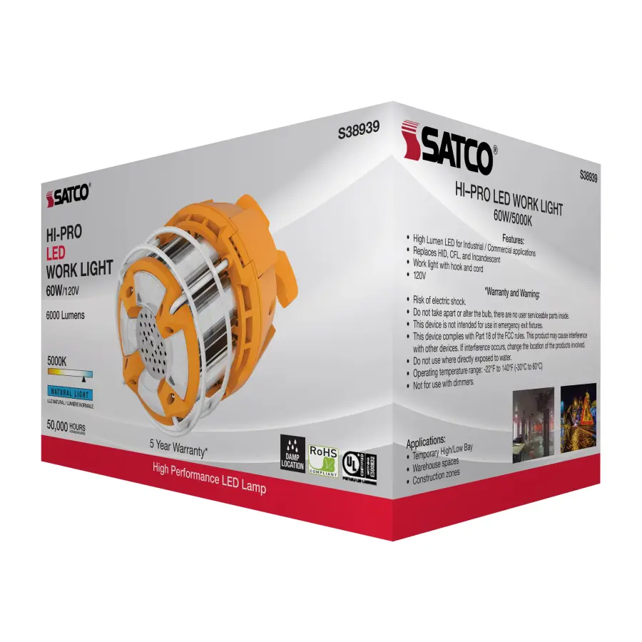 60 Watt LED Hi-Lumen temporary Hi-Bay Caged lamp - 5000K - Integrated Cord / Plug & Hook - 120 Volt - Image 9