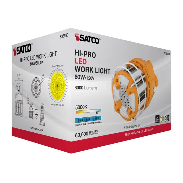 60 Watt LED Hi-Lumen temporary Hi-Bay Caged lamp - 5000K - Integrated Cord / Plug & Hook - 120 Volt - Image 10