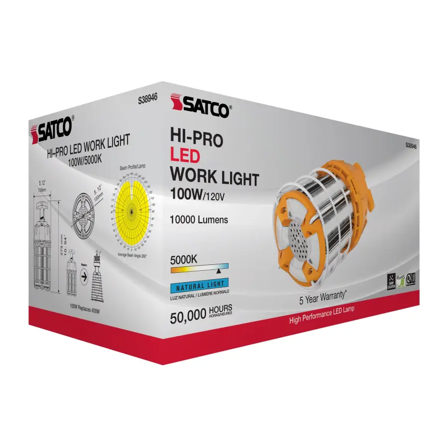 100 Watt LED Hi-Lumen temporary Hi-Bay Caged lamp - 5000K - Integrated Cord / Plug & Hook - 120 Volt - Image 11
