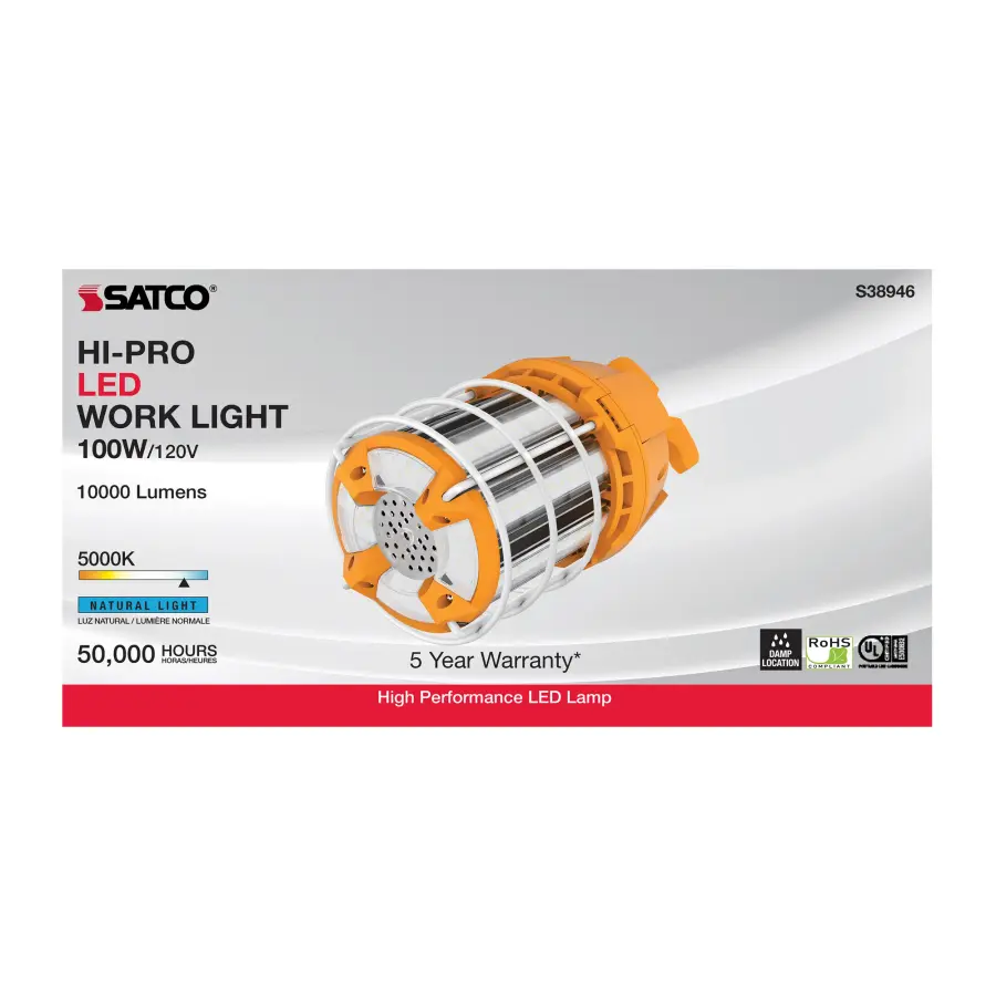 100 Watt LED Hi-Lumen temporary Hi-Bay Caged lamp - 5000K - Integrated Cord / Plug & Hook - 120 Volt - Image 6
