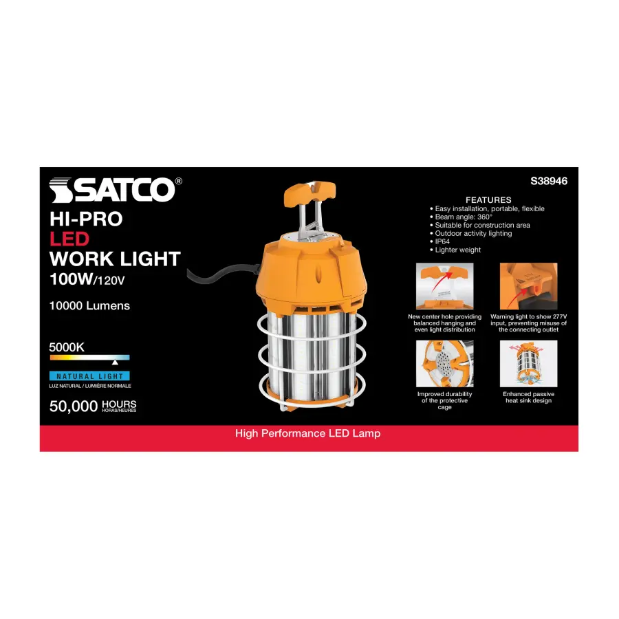 100 Watt LED Hi-Lumen temporary Hi-Bay Caged lamp - 5000K - Integrated Cord / Plug & Hook - 120 Volt - Image 7