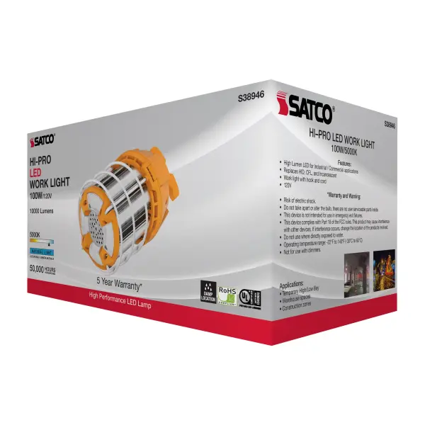 100 Watt LED Hi-Lumen temporary Hi-Bay Caged lamp - 5000K - Integrated Cord / Plug & Hook - 120 Volt - Image 10