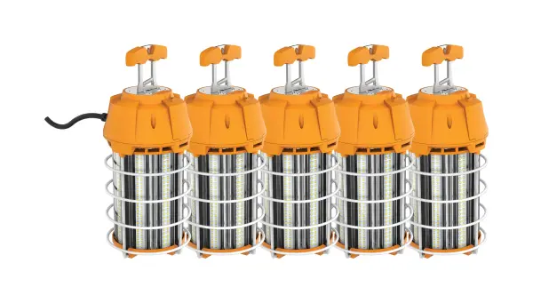 Satco's omni-directional work lights were created to answer the need of big job sites. The lamps feature durable, efficient, no-fuss portability, with T-handles for easy mounting. The built-in 3-prong grounded plugs on every unit are used for linking together longer runs, while providing job site safety you can count on. - alternate view