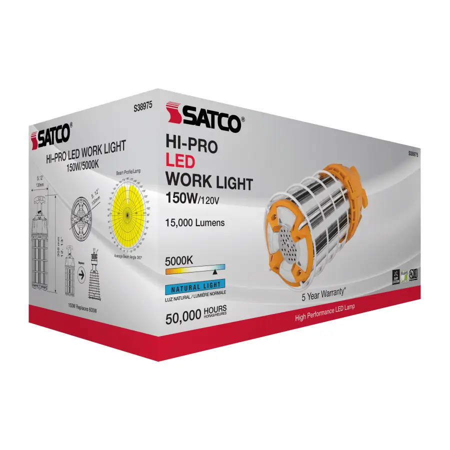 150 Watt LED Hi-Lumen temporary Hi-Bay Caged lamp - 5000K - Integrated Cord / Plug & Hook - 120 Volt - Image 12