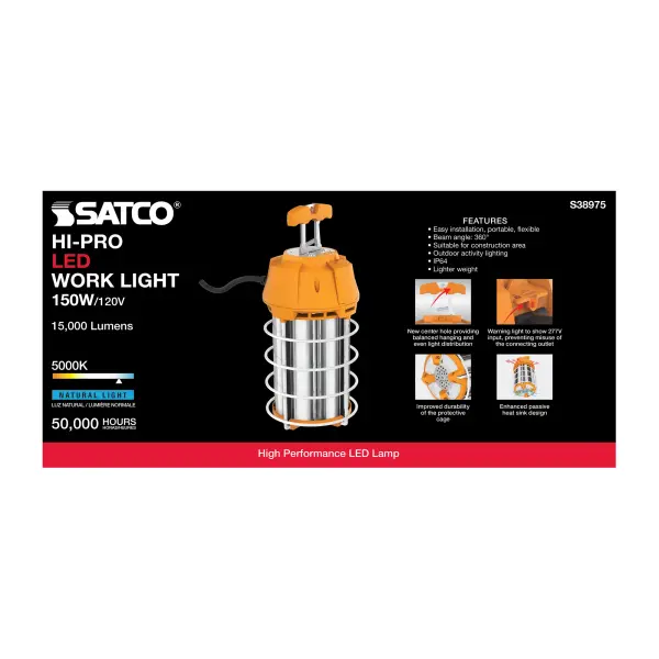 150 Watt LED Hi-Lumen temporary Hi-Bay Caged lamp - 5000K - Integrated Cord / Plug & Hook - 120 Volt - Image 8
