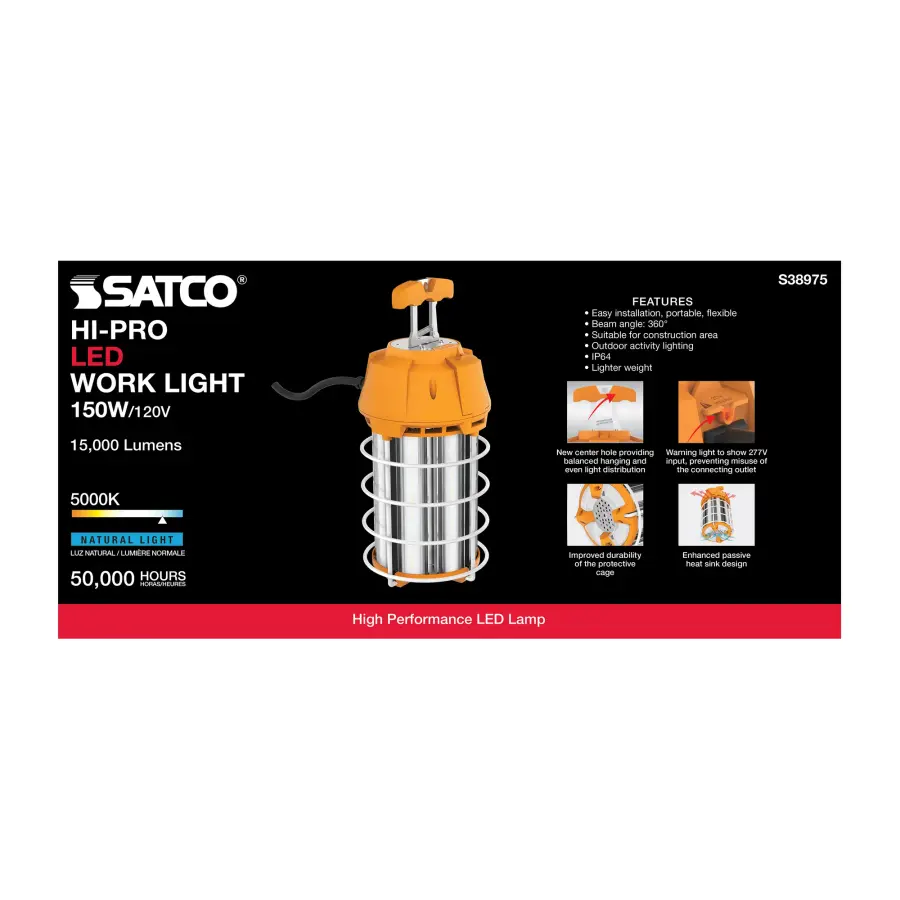 150 Watt LED Hi-Lumen temporary Hi-Bay Caged lamp - 5000K - Integrated Cord / Plug & Hook - 120 Volt - Image 8