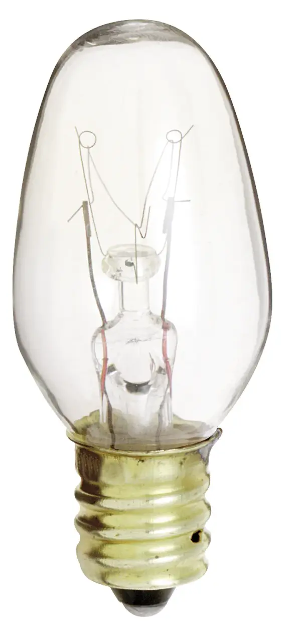 10 Watt C7 Incandescent - Clear - 2500 Average rated hours - 60 Lumens - Candelabra base - 130 Volt