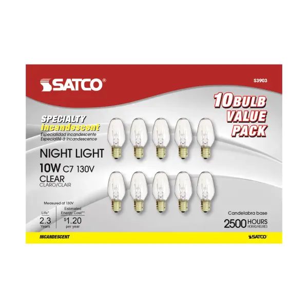10 Watt C7 Incandescent - Clear - 2500 Average rated hours - 60 Lumens - Candelabra base - 130 Volt - alternate view