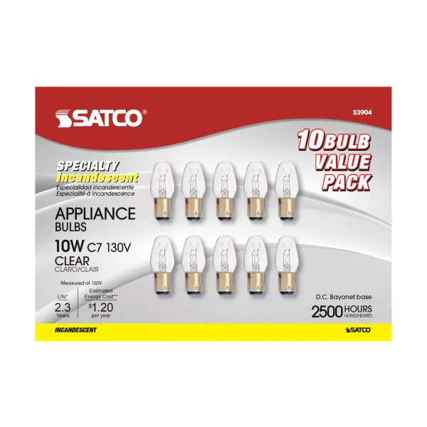 10 Watt C7 Incandescent - Clear - 2500 Average rated hours - 60 Lumens - DC Bay base - 130 Volt - alternate view