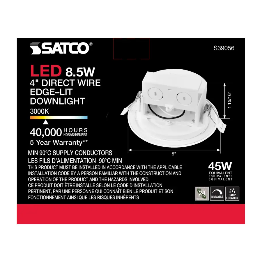 8.5 watt LED Direct Wire Downlight - Edge-lit - 4 inch - 3000K - 120 volt - Dimmable - Image 4