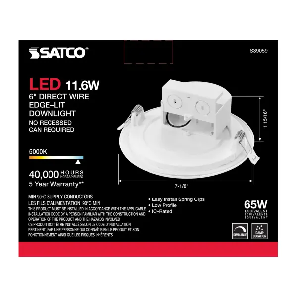 11.6 watt LED Direct Wire Downlight - Edge-lit - 5-6 inch - 5000K - 120 volt - Dimmable - Image 11
