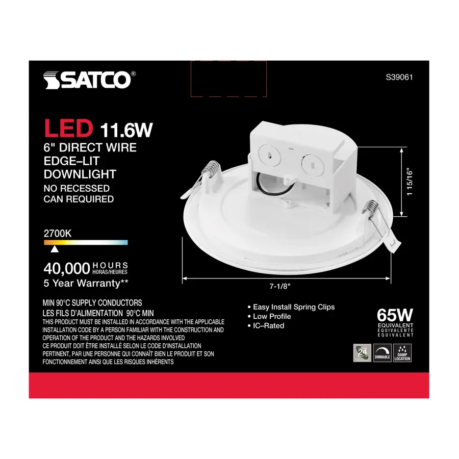 11.6 watt LED Direct Wire Downlight - Edge-lit - 5-6 inch - 2700K - 120 volt - Dimmable - Image 11