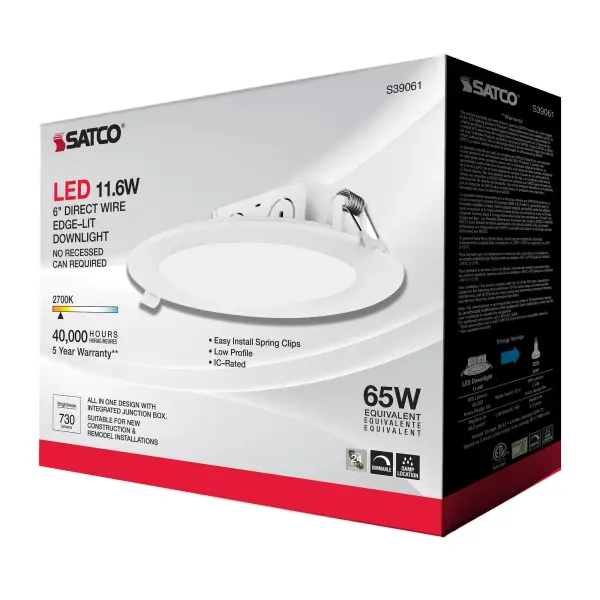 11.6 watt LED Direct Wire Downlight - Edge-lit - 5-6 inch - 2700K - 120 volt - Dimmable - Image 10