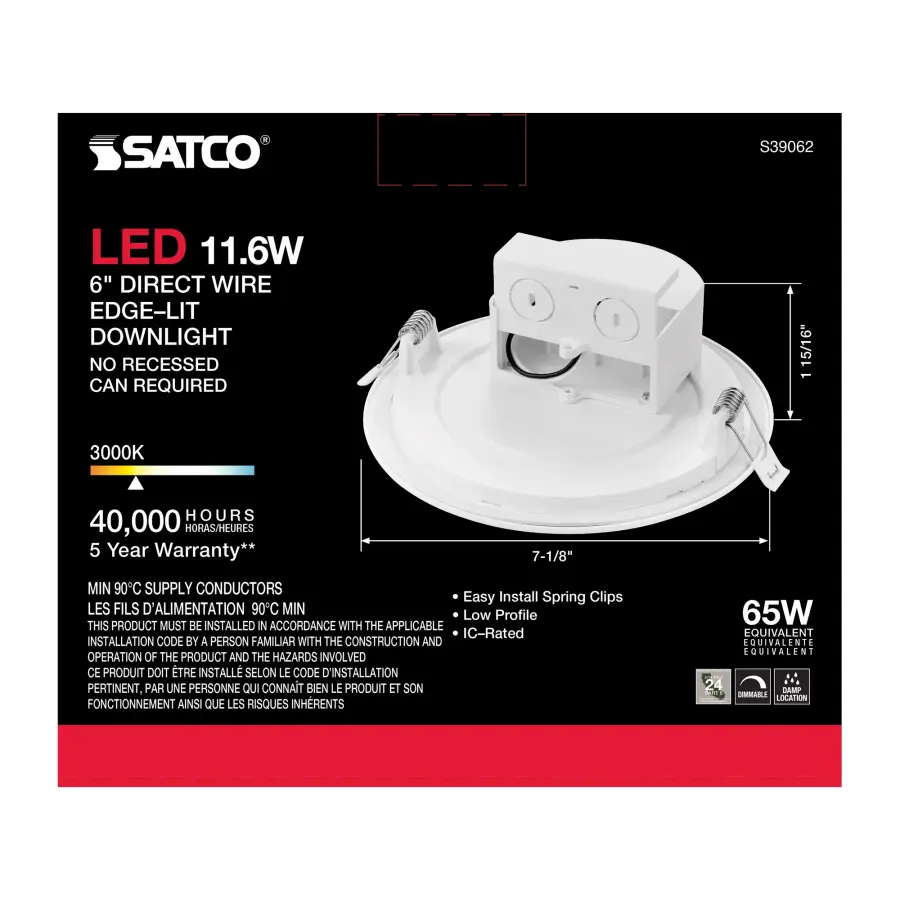 11.6 watt LED Direct Wire Downlight - Edge-lit - 5-6 inch - 3000K - 120 volt - Dimmable - Image 9