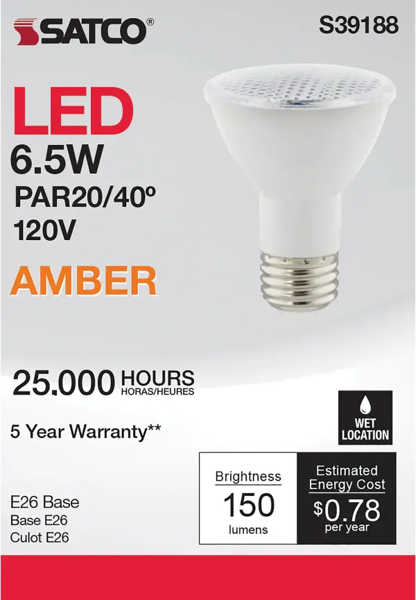 6.5 Watt - PAR20 LED - Amber color - 40 deg. Beam Angle - Medium base - 120 Volt - Turtle Friendly - Image 6