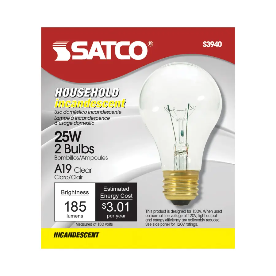 25 Watt A19 Incandescent - Clear - 2500 Average rated hours - 170 Lumens - Medium base - 130 Volt - 2/Pack - Image 2
