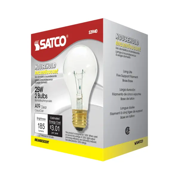 25 Watt A19 Incandescent - Clear - 2500 Average rated hours - 170 Lumens - Medium base - 130 Volt - 2/Pack - Image 4