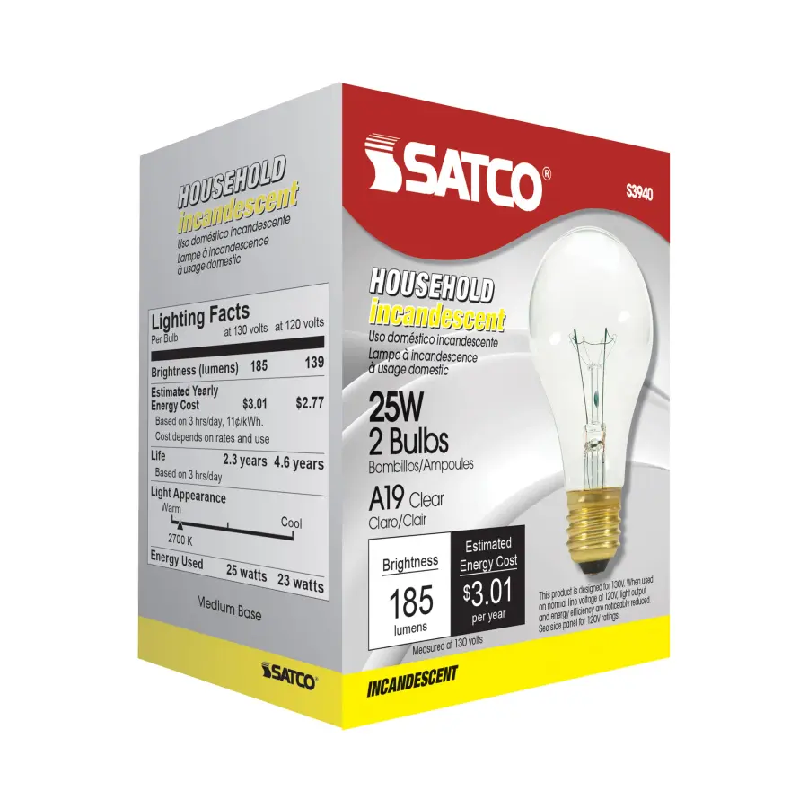 25 Watt A19 Incandescent - Clear - 2500 Average rated hours - 170 Lumens - Medium base - 130 Volt - 2/Pack - Image 5