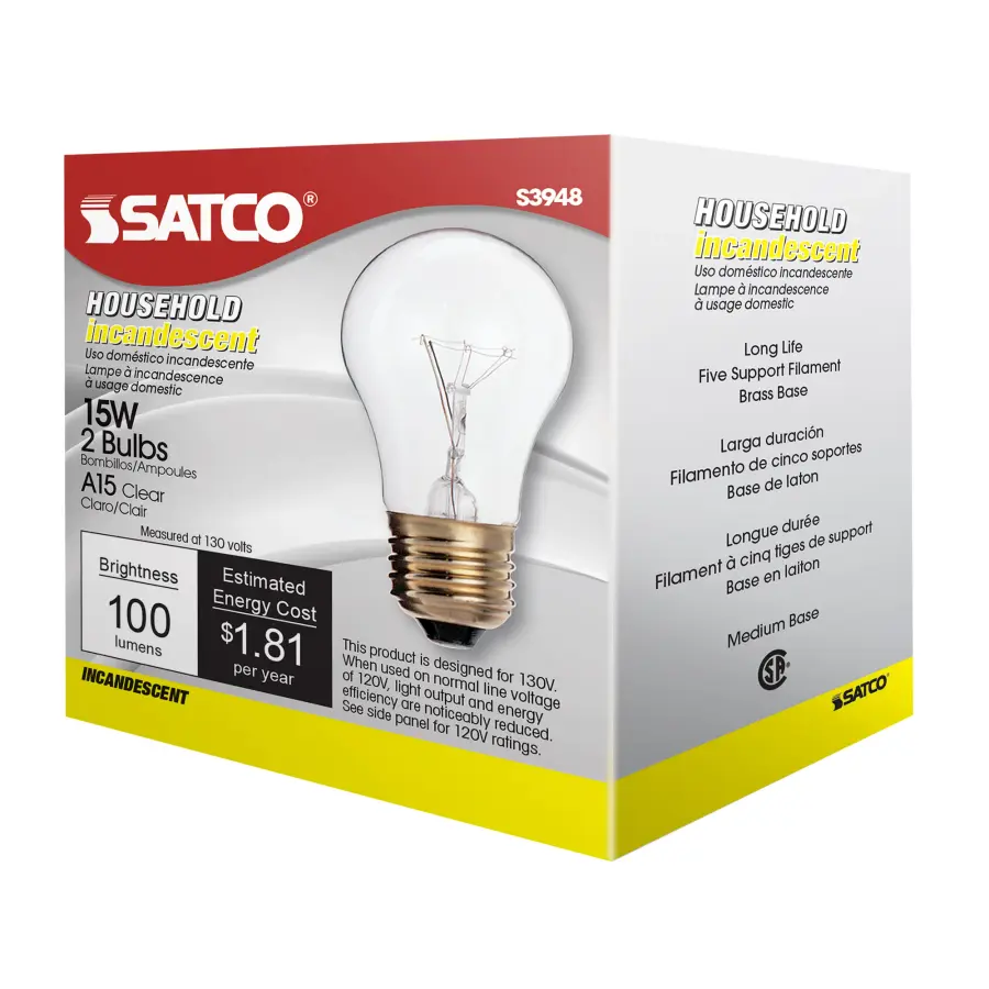 15 Watt A15 Incandescent - Clear - 2500 Average rated hours - 100 Lumens - Medium base - 130 Volt - 2/Pack - Image 9
