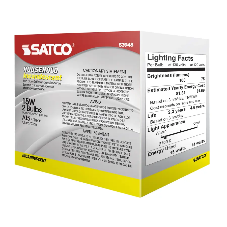 15 Watt A15 Incandescent - Clear - 2500 Average rated hours - 100 Lumens - Medium base - 130 Volt - 2/Pack - Image 10