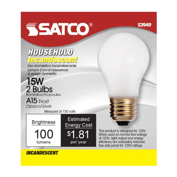 15 Watt A15 Incandescent - Frost - 2500 Average rated hours - 100 Lumens - Medium base - 130 Volt - 2/Pack - Image 2