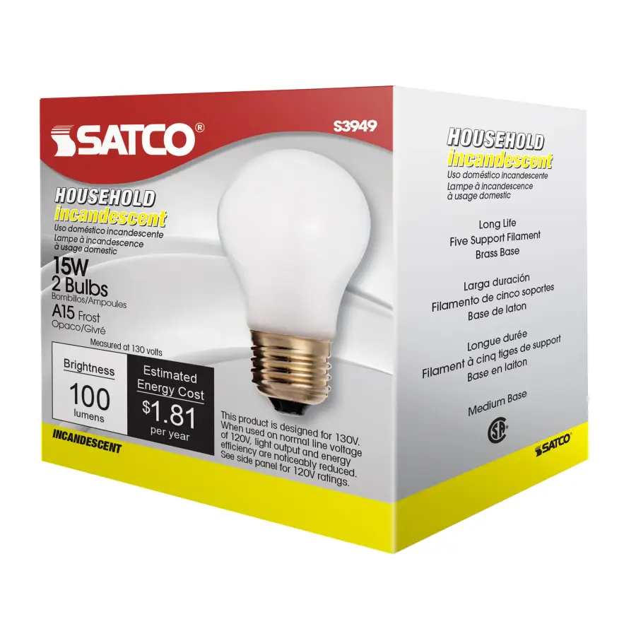 15 Watt A15 Incandescent - Frost - 2500 Average rated hours - 100 Lumens - Medium base - 130 Volt - 2/Pack - Image 8