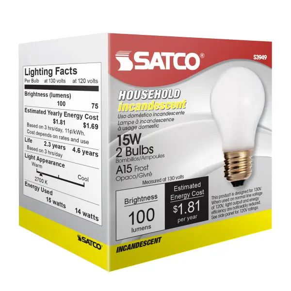 15 Watt A15 Incandescent - Frost - 2500 Average rated hours - 100 Lumens - Medium base - 130 Volt - 2/Pack - Image 9