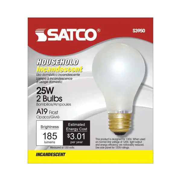 25 Watt A19 Incandescent - Frost - 2500 Average rated hours - 180 Lumens - Medium base - 130 Volt - 2/Pack - Image 2