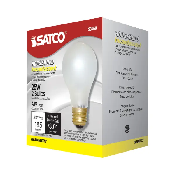 25 Watt A19 Incandescent - Frost - 2500 Average rated hours - 180 Lumens - Medium base - 130 Volt - 2/Pack - Image 4
