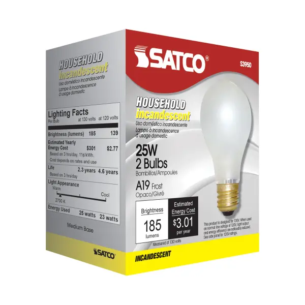 25 Watt A19 Incandescent - Frost - 2500 Average rated hours - 180 Lumens - Medium base - 130 Volt - 2/Pack - Image 5