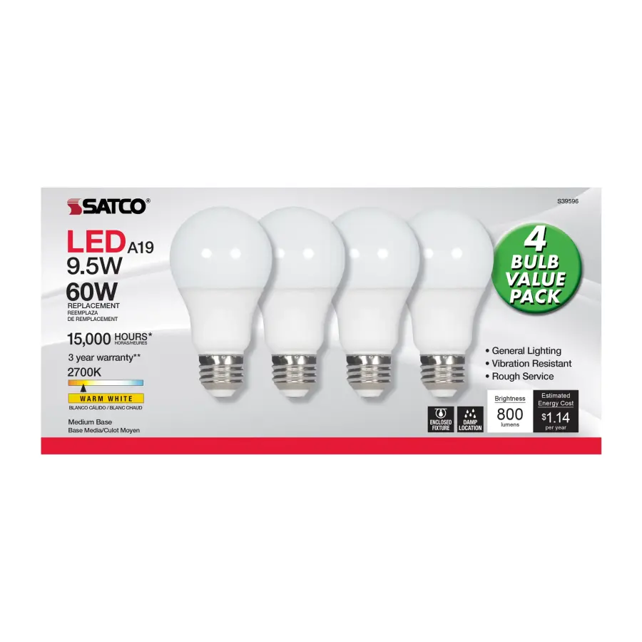 9.5 Watt - A19 LED - Frosted - 2700K - Medium base - 220 deg. Beam Angle - 120 Volt - Non-Dimmable - 4-Pack - Image 4
