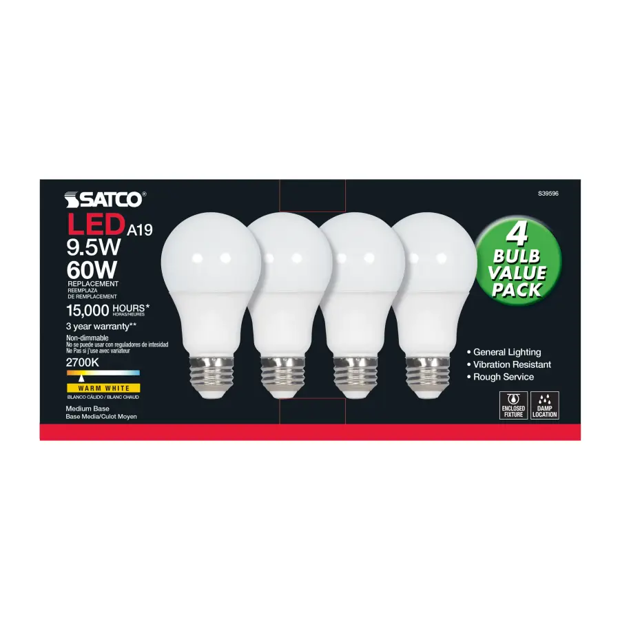 9.5 Watt - A19 LED - Frosted - 2700K - Medium base - 220 deg. Beam Angle - 120 Volt - Non-Dimmable - 4-Pack - Image 5