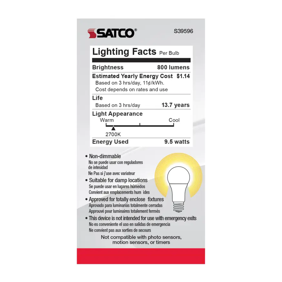 9.5 Watt - A19 LED - Frosted - 2700K - Medium base - 220 deg. Beam Angle - 120 Volt - Non-Dimmable - 4-Pack - Image 7