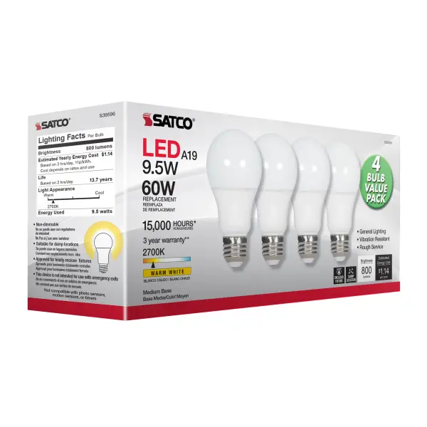 9.5 Watt - A19 LED - Frosted - 2700K - Medium base - 220 deg. Beam Angle - 120 Volt - Non-Dimmable - 4-Pack - Image 10