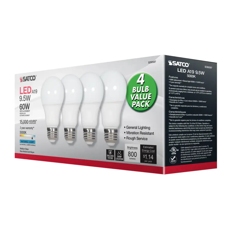 9.5 Watt - A19 LED - Frost - 5000K - Medium base - 220 deg. Beam Angle - 120 Volt - Non-Dimmable - 4-Pack - Image 11