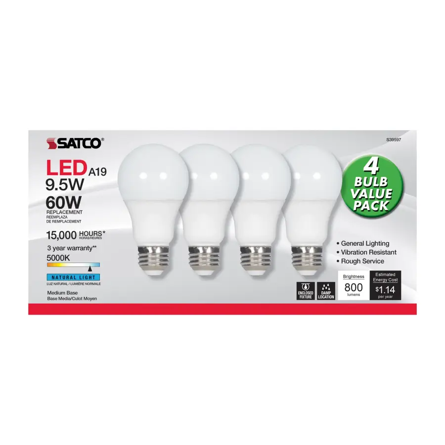 9.5 Watt - A19 LED - Frost - 5000K - Medium base - 220 deg. Beam Angle - 120 Volt - Non-Dimmable - 4-Pack - Image 4