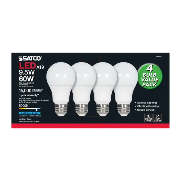 9.5 Watt - A19 LED - Frost - 5000K - Medium base - 220 deg. Beam Angle - 120 Volt - Non-Dimmable - 4-Pack - Image 5