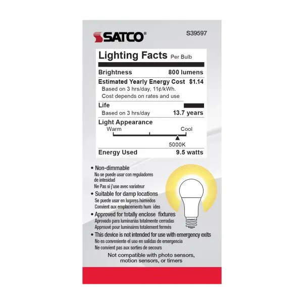 9.5 Watt - A19 LED - Frost - 5000K - Medium base - 220 deg. Beam Angle - 120 Volt - Non-Dimmable - 4-Pack - Image 7