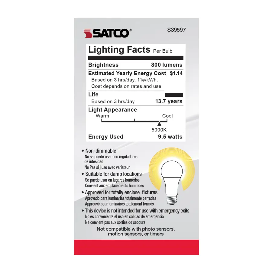 9.5 Watt - A19 LED - Frost - 5000K - Medium base - 220 deg. Beam Angle - 120 Volt - Non-Dimmable - 4-Pack - Image 7