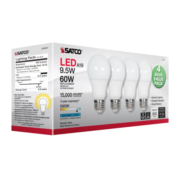 9.5 Watt - A19 LED - Frost - 5000K - Medium base - 220 deg. Beam Angle - 120 Volt - Non-Dimmable - 4-Pack - Image 10