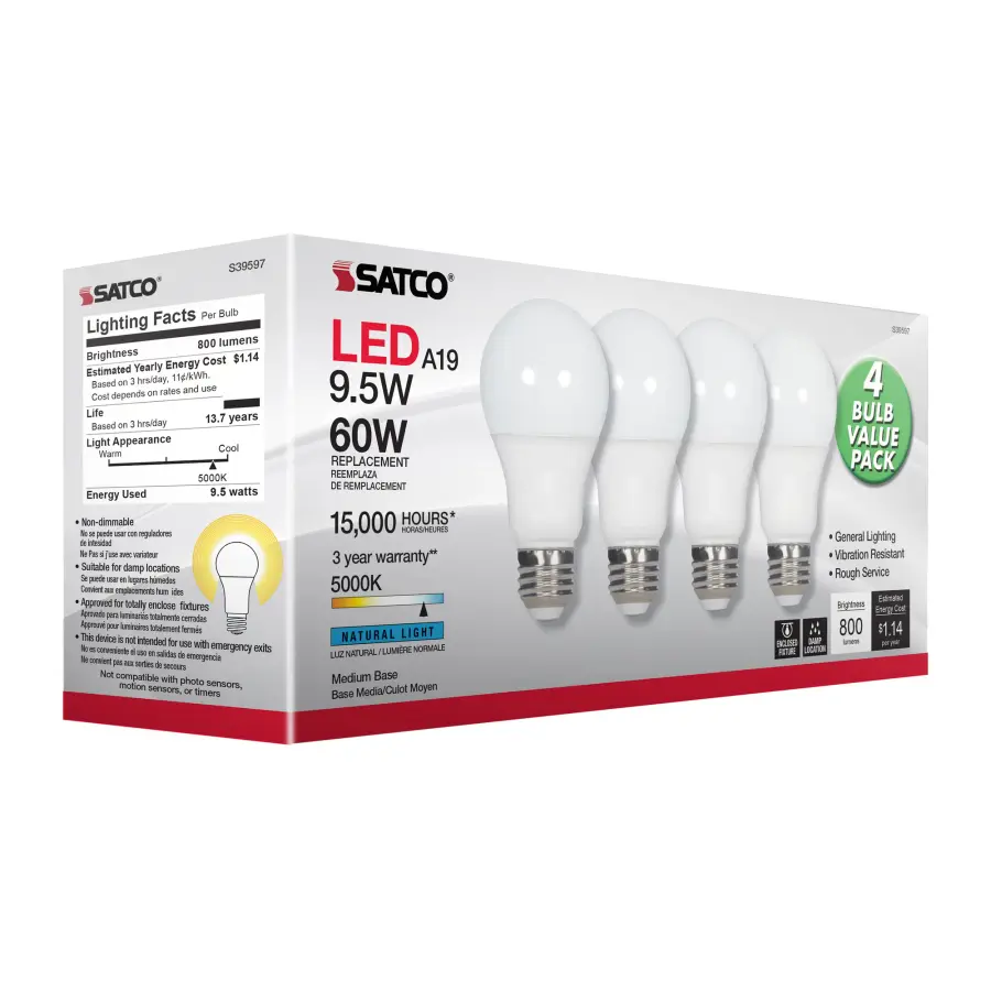 9.5 Watt - A19 LED - Frost - 5000K - Medium base - 220 deg. Beam Angle - 120 Volt - Non-Dimmable - 4-Pack - Image 10