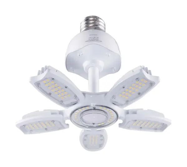 The third generation of multibeam lamps offer improved efficiency, performance, and installation versatility. With an impressive 140 lumens per watt, a redesigned and more efficient heat sink, and an optional PIR motion sensor, the multibeam grabs more energy-saving than ever. The unique adjustable light panels allow for installation at beam angles of 260, 150 or 120 degrees. The panels may be adjusted individually in any direction for maximum beam control. The GEN3 multibeam is part of Satco's robust line of commercial multibeam lamps. - alternate view