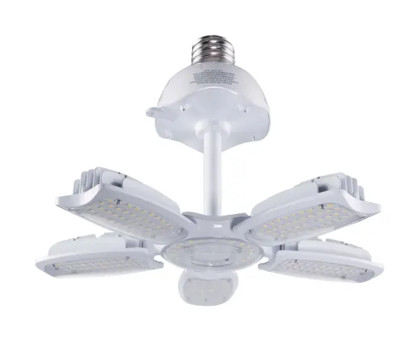 The third generation of multibeam lamps offer improved efficiency, performance, and installation versatility. With an impressive 140 lumens per watt, a redesigned and more efficient heat sink, and an optional PIR motion sensor, the multibeam grabs more energy-saving than ever. The unique adjustable light panels allow for installation at beam angles of 260, 150 or 120 degrees. The panels may be adjusted individually in any direction for maximum beam control. The GEN3 multibeam is part of Satco's robust line of commercial multibeam lamps. - alternate view