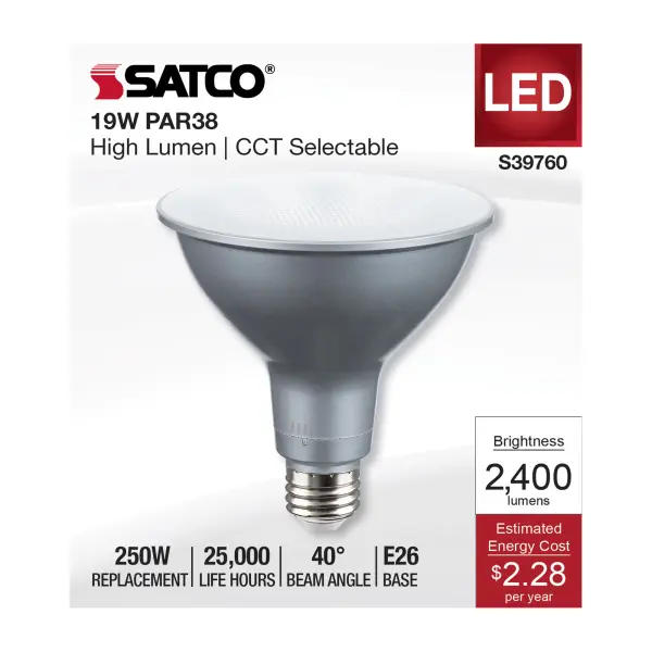 19 Watt PAR38 High Lumen LED - 27K/30K/35K/40K/50K CCT Selectable - Medium Base - 120-277 Volt - Image 4