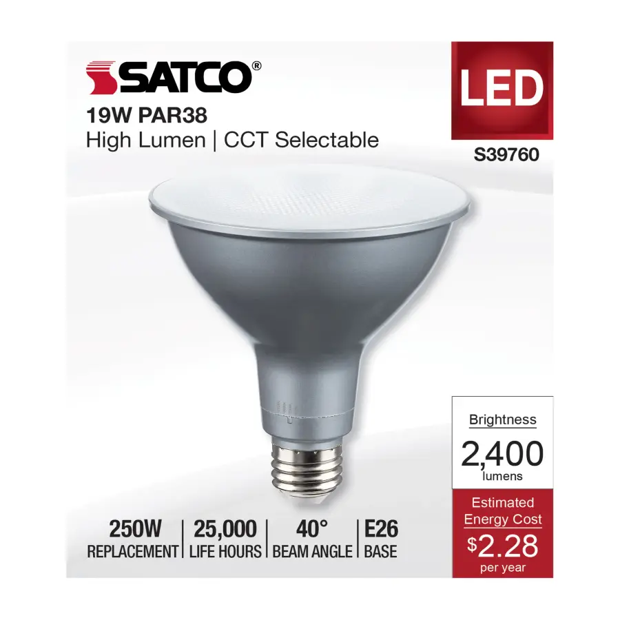 19 Watt PAR38 High Lumen LED - 27K/30K/35K/40K/50K CCT Selectable - Medium Base - 120-277 Volt - Image 4