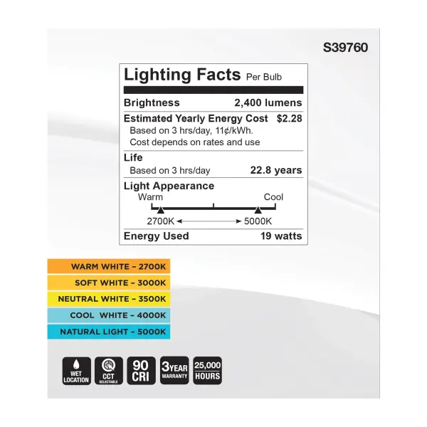 19 Watt PAR38 High Lumen LED - 27K/30K/35K/40K/50K CCT Selectable - Medium Base - 120-277 Volt - Image 6