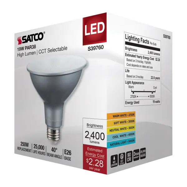 19 Watt PAR38 High Lumen LED - 27K/30K/35K/40K/50K CCT Selectable - Medium Base - 120-277 Volt - Image 8