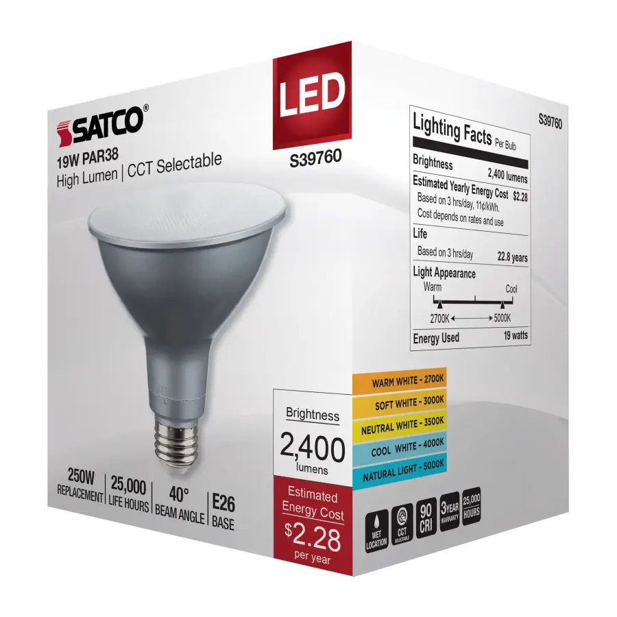 19 Watt PAR38 High Lumen LED - 27K/30K/35K/40K/50K CCT Selectable - Medium Base - 120-277 Volt - Image 8